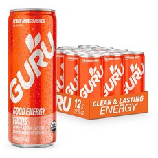 구루 에너지 드링크 트로피컬 펀치 녹차의 천연 카페인 140mg 및 L 테아닌 감미료가 함유된 유기농 스파클링 음료 포커스 지원 글루텐 프리 비건 12온스 캔 12팩, 6 Peach Mango, 12 Fl Oz (Pack of 24)