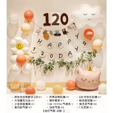 120天生日氣球裝飾套裝 數字氣球 動物拉旗 皇冠貓氣球 雛菊氣球 綠藤條 7頭支架, 粉嫩系, 1套