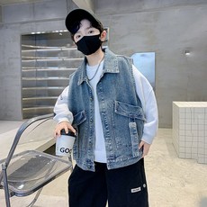 AA1616 남아 키즈 주니어 초등 아동 가을 봄 간절기 면 혼방 청 데님 카라넥 조끼 베스트 데일리 자켓 아우터