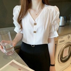 유니픽 여성 여름 반팔 V넥 단추 블라우스 패셔너블 우아한 디자인zhb