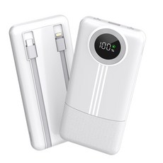 KLIFE 고속충전 대용량 보조배터리 10000mAh PD 22.5W QC3.0 케이블 일체형 LED 잔량표시, 화이트