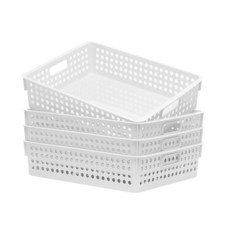 ECLATIS Soddeph 4팩 쌓을 수 있는 A4 종이 효율적인 수납 정리함 트레이 손잡이가 달린 플라스틱 보관함 교실 사무실 가정용 할로우 명품 디자인 바구니 16, 화이트