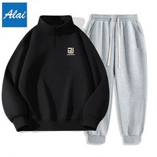 黑色運動套裝高級2025新款半拉鍊立領男款中學生寬鬆休閒套裝