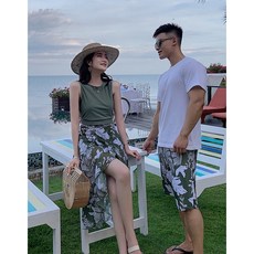 愛北鼻 情侶泳裝 格子三件式套裝, 綠葉子情侶泳衣男L碼-泳褲