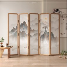 자수병풍 책가도 우드 5칸 3개세트 가로135cm 침실 소나무 호두 접이식, 청색, 1개