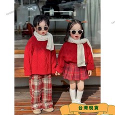 聖誕節裝扮 聖誕節服飾 兒童 造型 兒童聖誕裝 女童秋冬新款聖誕新年紅色毛衣兒童寶寶格紋百褶裙長褲子