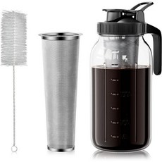 콜드브루 커피 메이커 64oz 304 스테인리스 스틸 필터 포함 메이슨 자 용기 (뚜껑 및 주둥이 포함) (블랙), 검은색