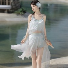 夏日海灘洛麗塔甜美泳衣套裝, 三件套(吊带+半裙+短褲),L