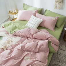 《小日子家居館》北歐風 水洗棉被套 網紅款床單 床上用品, 粉色+抹茶綠-不起球不褪色,1.2m(三件套)