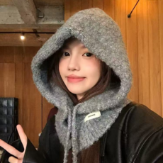 스멜모리 몽글몽글 버튼 스트링 니트 바라클라바 후드 넥워머, 그레이, 1개