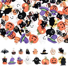 HOBBIESAY 64피스 16가지 스타일 할로윈 레진 참 벌크 주얼리 제작용 호박 유령 검은 고양이 참 해골 모자 박쥐 펜던트 할로윈 목걸이 귀걸이 주얼리 제작 구멍: 2mm