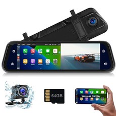 전면 및 후면 뷰 카메라가 장착된 자동차 인미러 장착 대시 캠 무선 카플레이 안드로이드 오토 카 드라이빙 레코더 9.66인치 IPS 터치스크린 지원 DVR 음성 제어 블루투스 통화, 전면 및 후면 카메라가 있는 차량용 인미러 장착형 대시, 1개