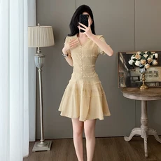 여름 패션 슬리밍 v 넥 Tulle Hem 드레스 하이 웨이스트 a 라인 짧은 치마 우아한 통근 스타일 폴리 에스터, 01 노란색, 01 엘