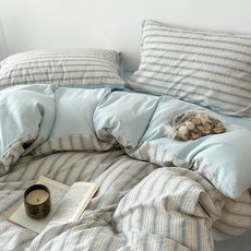 스트라이프 고밀도 사계절 침구세트 부드러운 워싱 극세사 이불 세트 이불커버+침대커버+베개커버 SS/Q