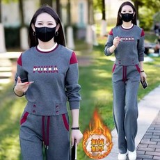 秋冬韓版休閒運動套裝女，圓領加絨加厚衛衣闊腿褲兩件套，時尚撞色設計，舒適百搭。