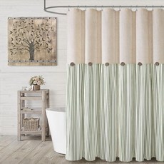 XOGUIBO 팜하우스 샤워 커튼 리넨 베이지 리본 우븐 원단 컨트리 러스틱 웨스턴 플리츠 베이지 스트라이프 너비 182.9cm x 길이 203.2cm, 버튼-그린 스트라이프