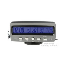 【逸品汽車百貨】車用多功能時鐘 溫度計 電壓表 帶冷光 室內溫度 室外溫度 電子鐘 鬧鐘提醒, 1個, 黑