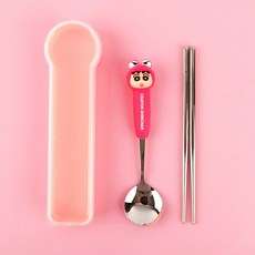 짱구 피규어 숟가락 스텐 젓가락 케이스, 핫핑크, 1세트
