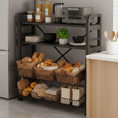 소프트엣지 이동식 렌지대 주방 수납장, 블랙+블랙 프레임, 4단