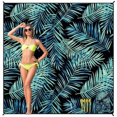 HIHOHO 해변 담요 방수 모래 방지 비치 매트 200.7 x 210.8cm(79 x 83인치) 성인 1-8명용 빠른 건조 내구성 있는 야외 피크닉 매트 해변 축제 여, 6'11" x 6'7", Bk&gn-palm