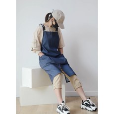 Genurys 데님 코튼 방수 앞치마 카페 바리스타 작업복, 딥블루, 4개