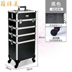 미용 박스 메이크업 연예인 전문가 운반 전문가용 6개 바퀴 2층 트롤리 캐리어, 블랙 4단