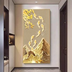 DIY 액자 공예 십자수 비즈십자수 황금 잉어 패브릭, 평면 스타일, 너비 50 x 높이 100cm, 아홉 마리 물고기 재물 골든 마운틴