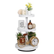 Ikee Design 회전 3단 디스플레이 트레이 스탠드 조리대 나무 원형 비즈 컵케이크 스탠드 가정 파티 음식 휴일 디스플레이용 소박한 계층 서빙 트레이 화이트 색상, Ikee Design 회전 3단 디스플레이 트레이 스탠