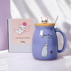 고양이 예쁜 머그컵 [ 뚜껑세트 카페컵 생일선물 도자기컵 여친 남친 선물 홈카페 나혼자산다 답례품 개업선물 합격선물 윤스테이 뚜껑컵 집들이선물 귀여운 고양이 티스푼 ], 보라, 1개 보라, 1개