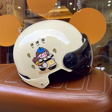 卡通3C認證可愛女孩安全帽，夏季電動車半盔，新款個性防曬頭盔, 卡其色【國標3C】,茶色/短鏡, 1個