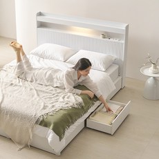 [수도권 지정배송] 프린홈 루시아 LED 루바 리노 서랍 SS/Q 침대프레임 (매트제외), 화이트