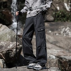 三防美式加厚兩件可脫內膽沖鋒褲 男款秋冬季新款戶外厚款寬松運動半松緊工裝休閑長褲, M 建議體重（45-52.5 公斤）, 曜石黑