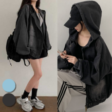 핏몬 여성 오버핏 데님 후드 청 자켓 빅사이즈 간절기 아우터