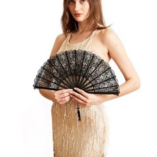 Happy Feather 접이식 핸드헬드가 있는 레이스 팬 자수 꽃 패턴 핸드 팬 웨딩 브라이덜 티 댄스 파티용 - 블랙