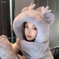 兒童可愛動物造型絨毛連帽圍巾手套三件組