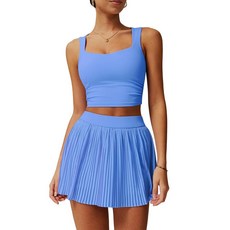 BOCIW 여성용 2피스 테니스 드레스 하이 웨이스트 플리츠 스커트 세트 스퀘어넥 운동 크롭 탱크탑 골프 의상 #2 스카이 블루 M ABOCIW