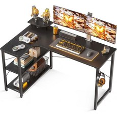 ODK 컴퓨터 책상 L자형 게이밍 너비 43.3인치(110cm) PC 랙이 있는 보관함 모서리 사무실 숙제 쉬운 조립 흰색 왼쪽 선반, 130 x 80 x 74 cm, Black
