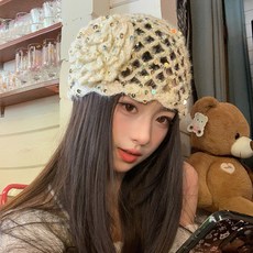 2025秋冬新款 複古文藝風亮片花朵包頭帽女秋冬手工鈎針鏤空針織毛綫帽套頭帽子 P