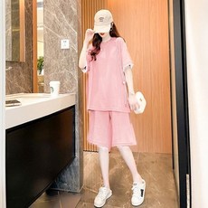 Nike 女款韓版短袖短褲運動休閒兩件式套裝 粉色 L