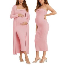 Ecavus 임산부 튜브 드레스 롱 카디건 2피스 (베이비 샤워 및 결혼식 손님용) 리브드 임산부 사진 촬영 드레스 (라이트 블루)