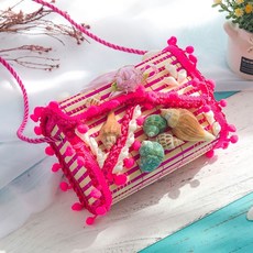 兒童玩具 民族風竹編製品 兒童包包 小背簍 兒童演出道具 兒童小背簍 仿藤塑編織 幼兒園演出舞臺道具, 粉紅色 【背包】長條款, 1個