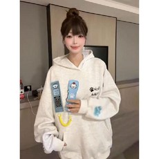 투니스 여성 루즈핏 기모 자수 후드 티셔츠