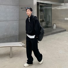 好評優選韓版休閒百搭潮男立領墊肩休閒套裝男士寬鬆春季簡約運動兩件套帥