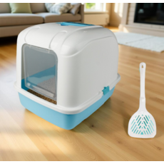 새끼 고양이 배변 훈련 중형 투명 소형 변기 키트 후드형, 블루