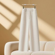 AOKADA 여성 가을 겨울 와이드 모직 팬츠 하이웨스트 9부 키작녀 일자 바지