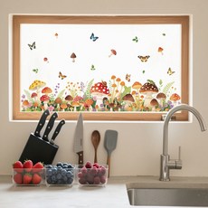 PVC 정전기 창문 스티커 아동 취향 시리즈 디자인 거실 침실 아이 방 인테리어 120x30cm, 버섯