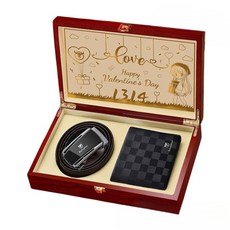 Bullcaptain 男士皮夾腰帶禮盒套裝，真皮格紋短夾，自動扣皮帶，財神實木禮盒