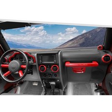 Jimen 지프 랭글러 JK JKU 2007-2010에 적합 14피스 내부 키트 - 계기판 대시보드 커버 AC 벤트 링 조수석 그랩 핸들 트림 필러 스피커 커버 (탄소, 레드