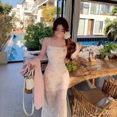 Yellwel 여름용 여성용 쉬폰 끈 원피스 시원한 매쉬 슬림핏 롱 드레스 DJP