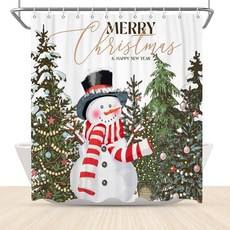 Merry Christmas 샤워 커튼 크리스마스 장식품이 있는 눈사람 크리스마스 트리 샤워 커튼 재미있는 휴일 장식 방수 폴리에스터 원단 후크 포함 182.9x18